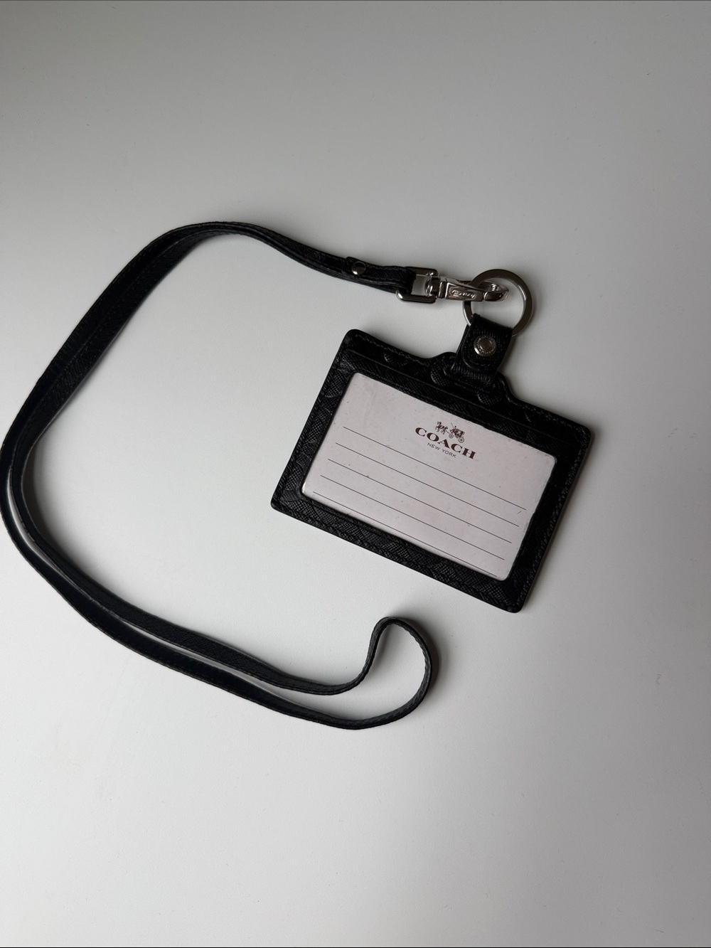 Coach Black Leather Lanyard ID Holder with Silver Hardware
